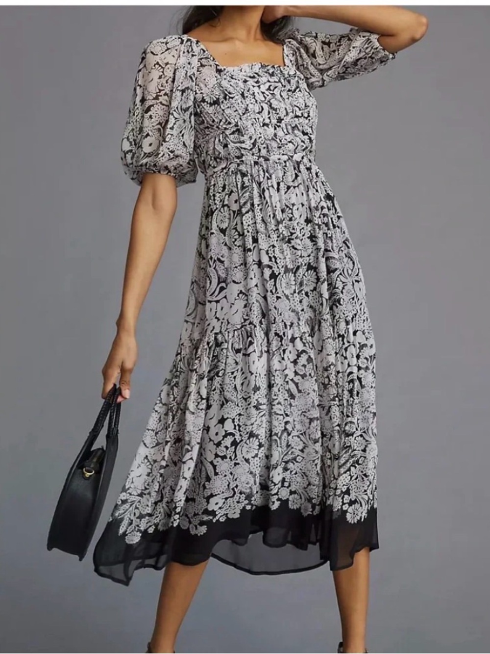 Anthropologie Floral Smocked Square Neck Midi Dress | L